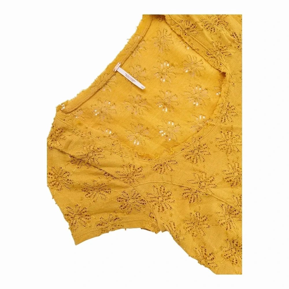 Free People Anthro Mustard Yellow Eyelet Dress Small Square Neck Cap Sleeve Boho